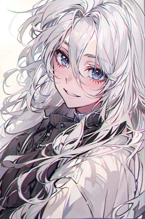 （（style of anime）），white skin skin，long whitr hair，white hair，ssmile，mesmerizing eyes，beauitful face，tmasterpiece，best qualtiy