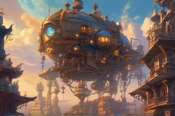 Futuristic steampunk, biomechanical moving castle creature, inspired by Miyazakis "Howls Moving Castle", with intricate clockwork mechanisms, glowing crystal structures, and floating platforms, surrounded by a vibrant, fantastical landscape.