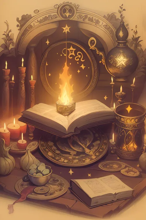 Numerological ritual magic，A book with candles, There is a shining star in the middle. The candles exude a mysterious aura, flashing lights, Illuminate the pages of the book. The setting is set in a comfortable room, Create an atmosphere of domestic witchc...