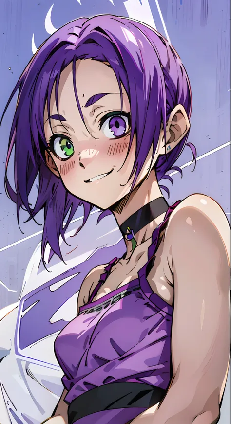 heterochromia, green eyes, purple eyes, choker, happy face, angel face, red blush