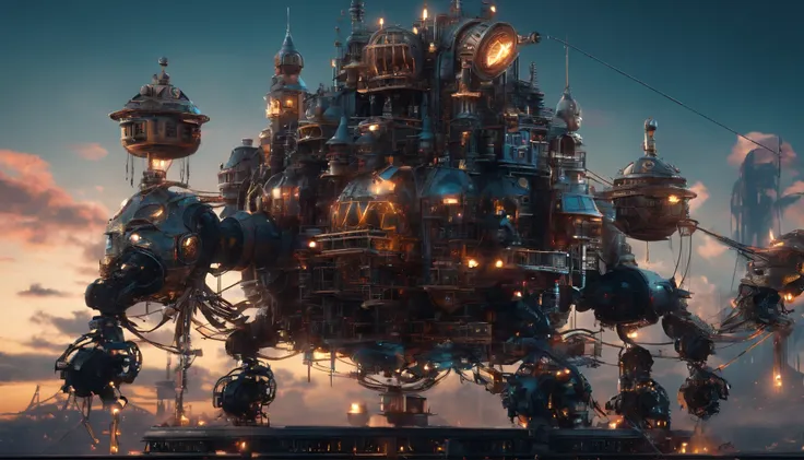 Futuristic steampunk-style moving castle, inspired by Miyazakis "Howls Moving Castle", with intricate clockwork mechanisms, glowing crystal structures, and floating platforms, surrounded by a vibrant, fantastical landscape.