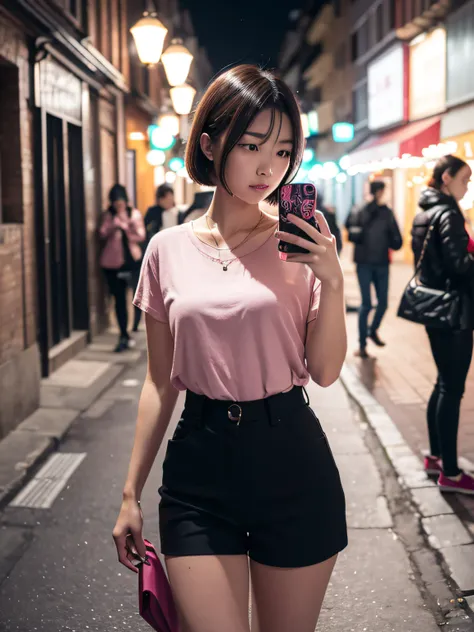 Beautiful woman, Street at night with lights, Fiddling with your phone, Hot Pants, fragrant pink flowers, Passers-by, Night gradient, Fine details, Subtle tones, On-screen silence.