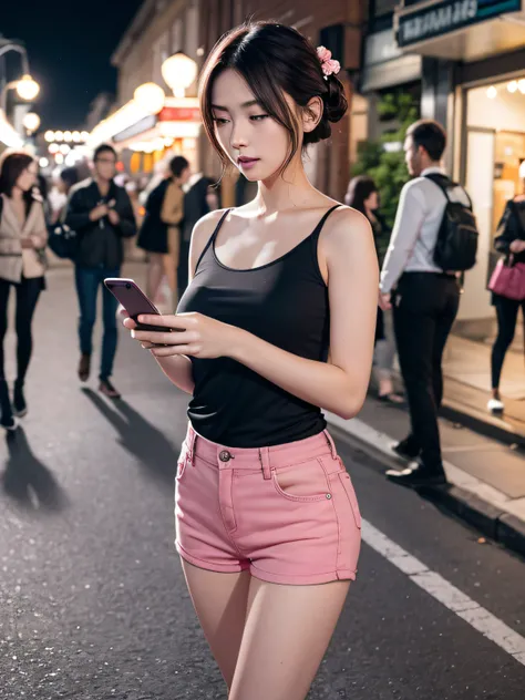 Beautiful woman, Street at night with lights, Fiddling with your phone, Hot Pants, fragrant pink flowers, Passers-by, Night gradient, Fine details, Subtle tones, On-screen silence.