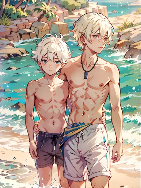 2boys,13 only、(Mans :2) ,Handsome boy,silber hair、a blond、fullnude、starrysky 、sand beach、Natural lighting、hightquality、masutepiece,8K,NSFW,