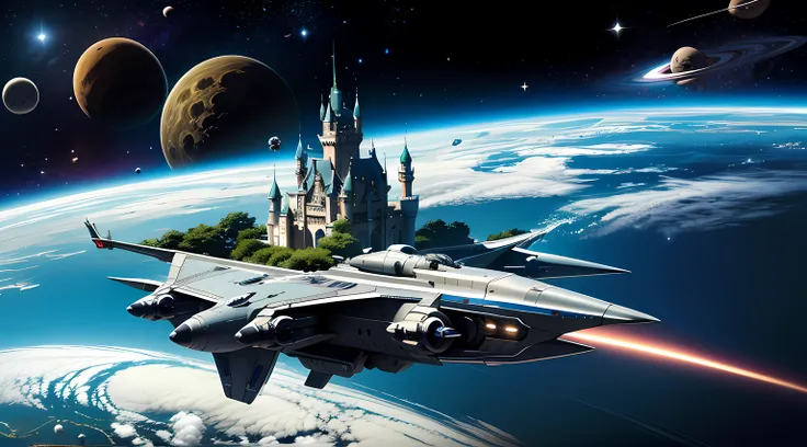 castle on the move、castle moving in outer space、space battleship in the shape of a castle、