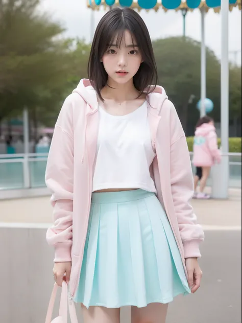 年轻，(Skirts in pastel colors)，Mokomokos hoodie，teens girl，Delicate body，petite body，Delicate body，small tits，tiny chest，Short，A dark-haired，Very Longhair，a shower，An amusement park