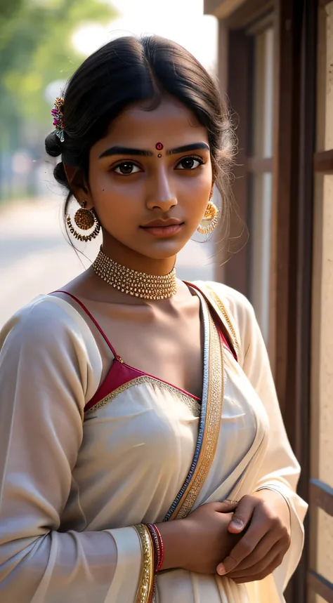 young Indian girl, 18-year-old,  gentle sun lighting on face , village mood , old cloths, silk cloth, cloth is transperent , village girl vibe, intricate facial details, full body picture, cinimatic pose flawless complexion, top-notch 3D rendering, hyper-r...