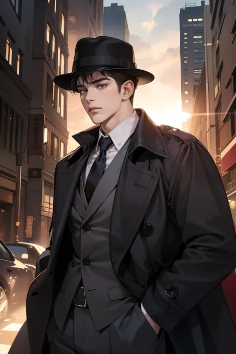 masterpiece, best quality, realistic, 1man, mature male, quiet and charming young man, 25 years old, close his eyes, serious look, extremely detailed face, ((dark grey eyes)), ((short-right-swept dark brown hair)), [thick eyebrows], detective, int the city...