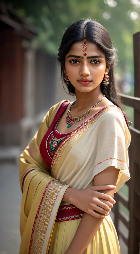 young Indian girl, 18-year-old,  gentle sun lighting on face , village mood , old cloths, silk cloth, cloth is transperent , village girl vibe, intricate facial details, full body picture, cinimatic pose flawless complexion, top-notch 3D rendering, hyper-r...