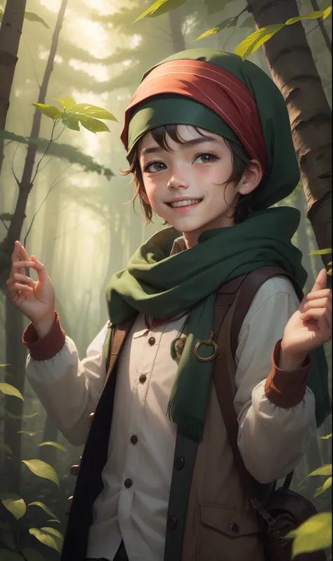 A boy in the forest，Smile happily，Wear a headscarf