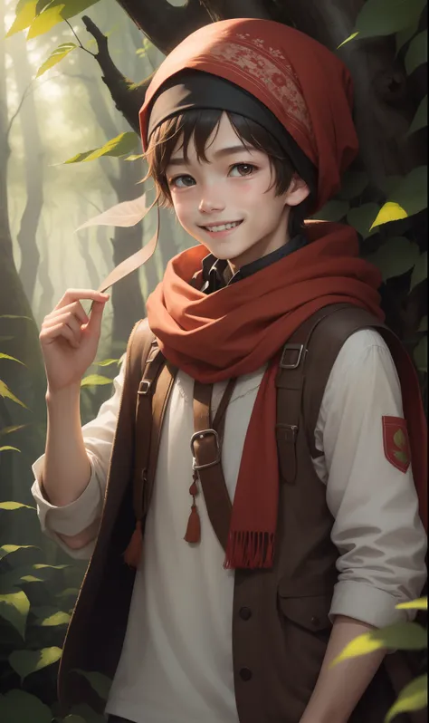 A boy in the forest，Smile happily，Wear a headscarf