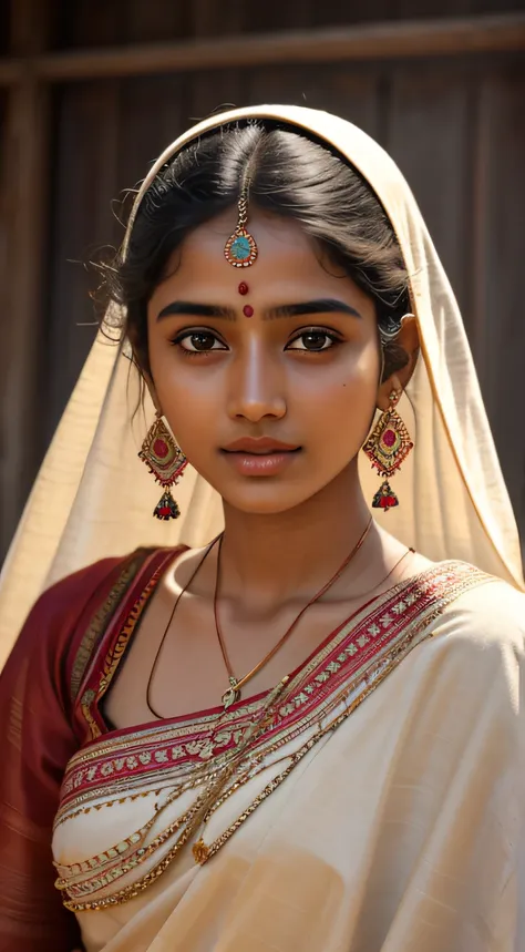 young indian girl, 18-year-old,  gentle sun lighting on face , village mood , old cloths, silk cloth, cloth is transperent , vil...