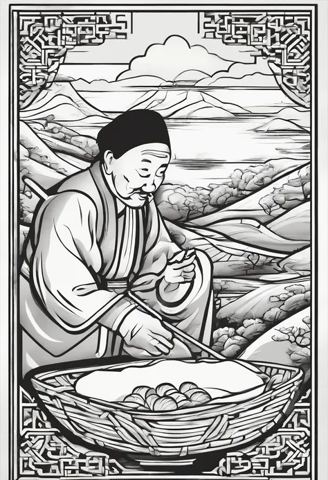 Close up of simple minimalist old Chinese farmer eating a ricecake ball logo with thick black and white outline style, smooth edges, simple design, simple colouring, one color, simplistic details, 2d, icon style, behance, dribbble, Minimalism, silhouette