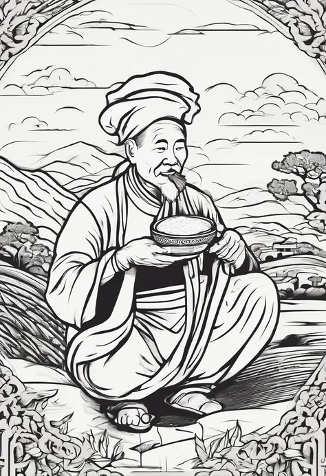 Close up of simple minimalist old Chinese farmer eating a ricecake ball logo with thick black and white outline style, smooth edges, simple design, simple colouring, one color, simplistic details, 2d, icon style, behance, dribbble, Minimalism, silhouette