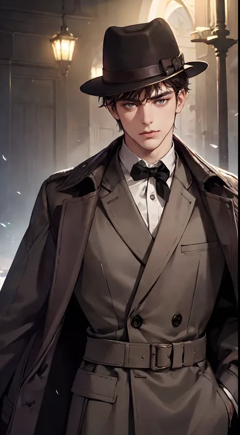 masterpiece, best quality, realistic, 1man, mature male, quiet and charming young man, 25 years old, close his eyes, serious look, extremely detailed face, ((dark grey eyes)), ((short-right-swept dark brown hair)), [thick eyebrows], detective, ((Dressed in...