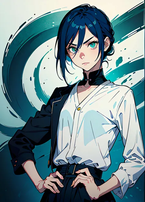 Masterpiece, Best Quality, ((One Person)),Blue hair,Green Eyes,serious look, Smiling,waist up,line-art,middle way hair,White Blazer,Black T-shirt,expressionless eyes,((Tight Kubo Style))