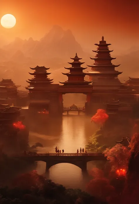 View of a Chinese city with bridges and a full moon, Movie dystopia、(A giant ancient city suspended in the air:1.5), Beautiful rendering of the Tang Dynasty, red sun over paradise, epic red - orange sunlight, glowing temple in distance, cyberpunk chinese a...