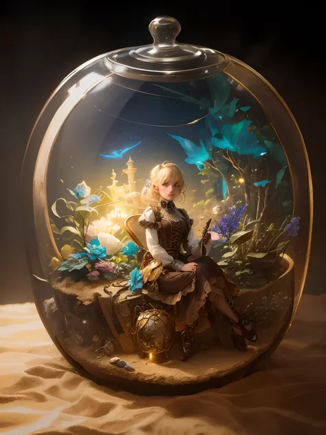 A beautiful blonde pixie woman, wearing steampunk blouse and skirt, 19th century steampunk shoes, steampunk style and atmosphere, in a clear glass jar terrarium, sits with her legs crossed, holding a key in one hand held up to the left, in the other hand t...