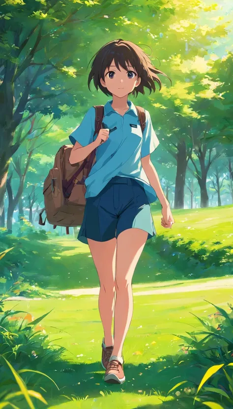 On the grass，A girl carries an adventure bag，Place your hands on your eyes，Similar to the Conan shape，Very smart