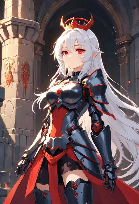 queen power armor little girl , (gothic style), full body view , bellybutton, The most beautiful and sexy demon goddess, long white hair, glowing red eyes, wearing detailed black gothic battle armor, black angel wings, tattoos and piercings, gothic castle,...