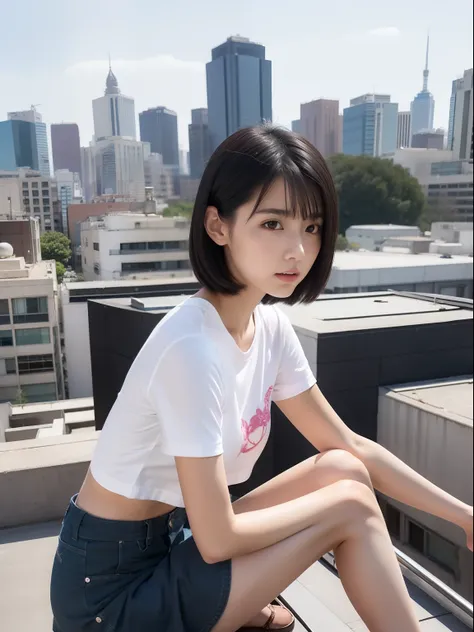 wariza，Knees，年轻，(a miniskirt)，tshirts，teens girl，Delicate body，petite body，Delicate body，small tits，tiny chest，Short，A dark-haired，Twin-tailed，On the roof of a building