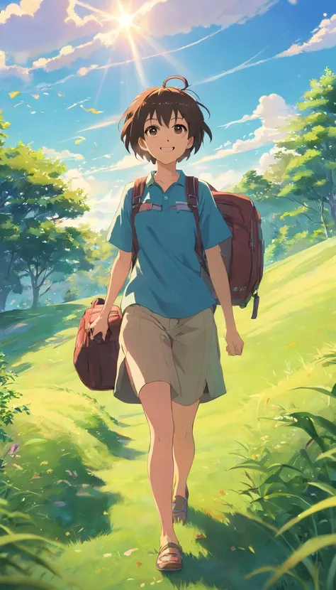 On the grass，A girl carries an adventure bag，With a smile，One hand holds his eyes，Look straight ahead