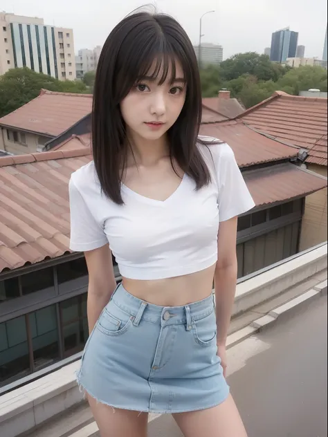 wariza，Knees，年轻，(a miniskirt)，tshirts，teens girl，Delicate body，petite body，Delicate body，small tits，tiny chest，Short，A dark-haired，Twin-tailed，On the roof of a building