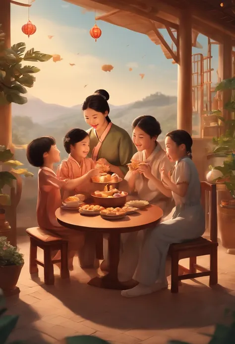 (top-quality、8K、tmasterpiece:1.3)、Full moon and stars in sky illustration，The family sits together eating mooncakes,Mom and dad laugh with the kids，Have in the living room、Bright house scene，extremely detailed face and skin，Heartwarming scene，perfect  deta...