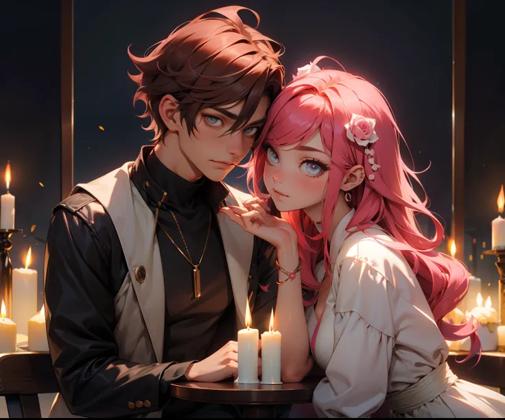 dos personas muy cerca del uno como del otro, el chico con cabello corto cafe y con ojos cafe claro con un rostros muy detallado y hermoso, con una joven chica de cabello rosa y oreja de neko color rosa en un lugar muy romantico con poca luces y unas velas