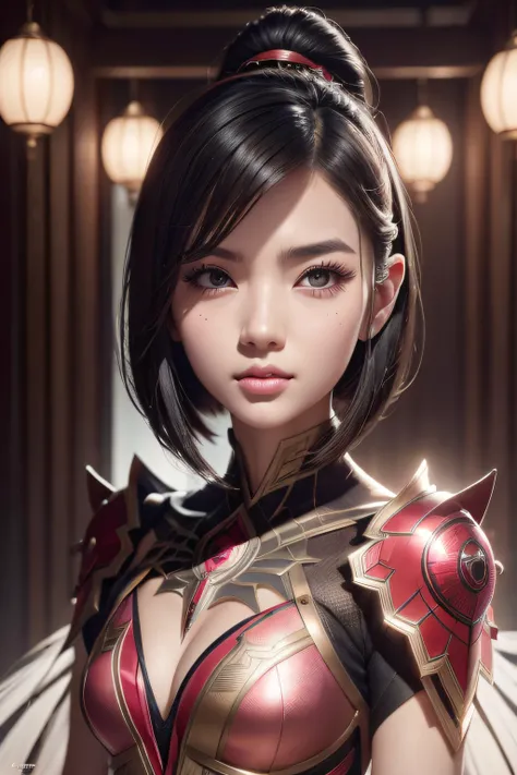 beautiful japanese young woman, wearing spiderwoman armor, thick symmetrical features, very short hair, background is cherry blossoms, pink aura, red lips, octane render,