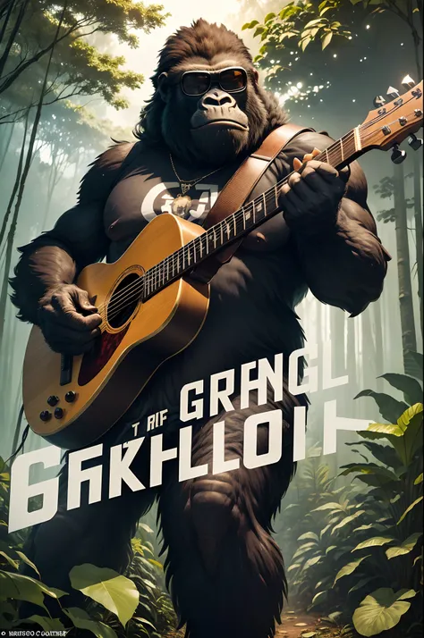 arafed gorilla playing a guitar with the words no gorillas, bigfoot, bigfoot wearing sunglasses, by Rick Griffin, big foot, ( sasquatch, sasquatch, angry sasquatch, bored ape nft, official artwork, jungle grunge, album artwork, cyber monkey in the scifi fo...