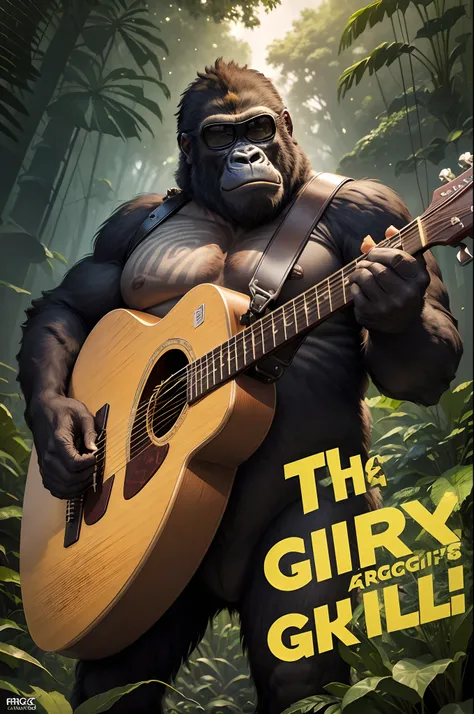 arafed gorilla playing a guitar with the words no gorillas, bigfoot, bigfoot wearing sunglasses, by Rick Griffin, big foot, ( sasquatch, sasquatch, angry sasquatch, bored ape nft, official artwork, jungle grunge, album artwork, cyber monkey in the scifi fo...