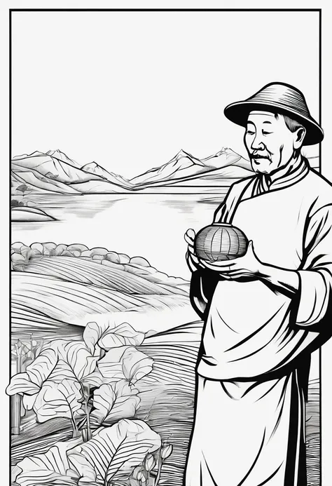 Close up of simple minimalist old Chinese farmer eating a ricecake ball logo with thick black and white outline style, smooth edges, simple design, simple colouring, one color, simplistic details