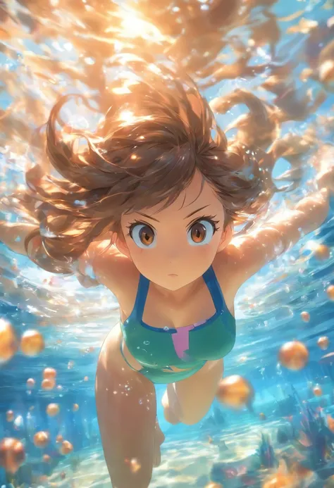 foreshortening,  depth of field, masterpiece, best quality, 1girl, brown hair, brown eyes,  long hair, underwater, air bubble, solo, looking at viewer, school swimsuit, swimming,  dappled sunlight,