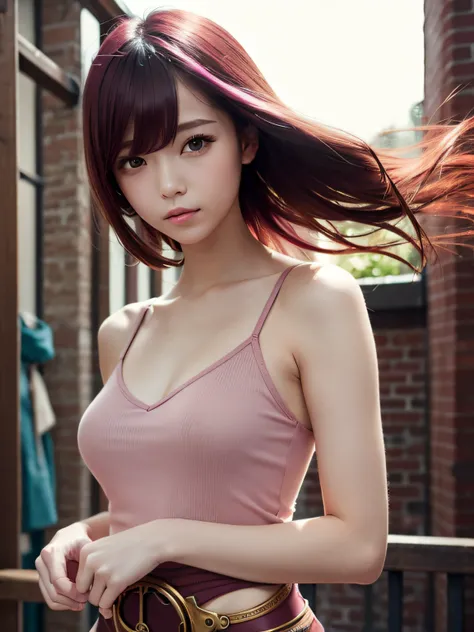 Best Quality, masutepiece, Upper body, Woman, blonde hair blown in the wind, Shining eyes, Steampunk nude style, thin clothes, Pink camisole, Maroon hair