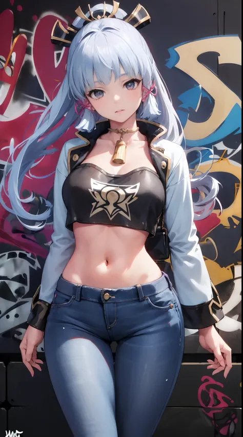 kamisato ayaka|genshin impact, master-piece, bestquality, 1girls,25 years old, proportional body, elongated legs, Beautiful, proportional., crop top, Long Jeans, mediuml breasts, ,bara, crop top, choker, (Graffiti:1.5), Splash with purple lightning pattern...