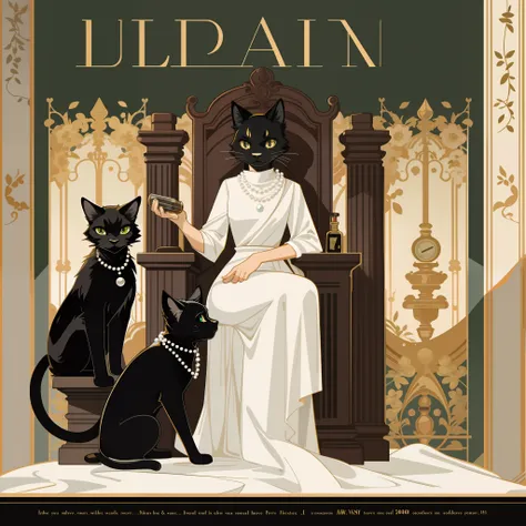 vector art, arafed black cat sitting on a pedestal with a pearl necklace, elegant cat, 1920s advert, 1960s advertisement, luxury advertisement, magazine advertisement, 1960s perfume bottle ads,