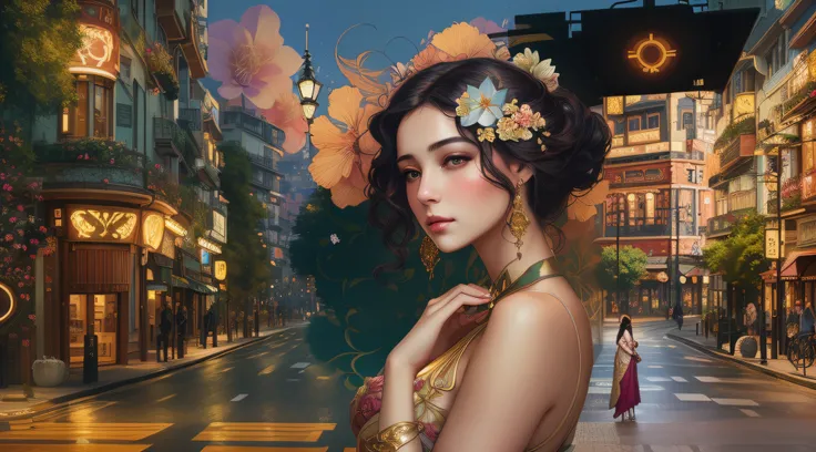 there is a woman that is standing in the street with a flower in her hair, a beautiful artwork illustration, stunning digital illustration, beautiful digital illustration, exquisite digital illustration, hyperrealistic art nouveau, in style of digital illu...