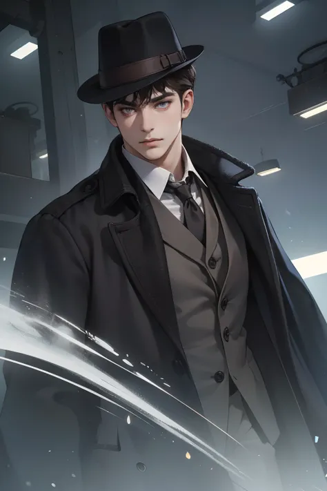 masterpiece, best quality, realistic, 1man, mature male, quiet and charming young man, 25 years old, close his eyes, serious look, extremely detailed face, ((dark grey eyes)), ((short-right-swept dark brown hair)), [thick eyebrows], detective, ((Dressed in...