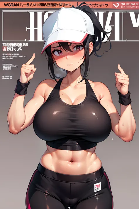 gym, workout, hot, sweating, sweaty, tan, big boobs, tan skin, flustered, blush, black clothes, ponytail, see thru, yoga pants, black hair, magazine cover, magazine , anime magazine cover, text, model, pretty, white , white background, hat, cap, baseball c...