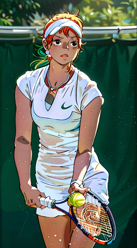 masterpiece, best quality, high resolution, ultra detailed face, nami (one piece), a female tennis player holding a racket and ball on a court, long hair, orange hair, white dress