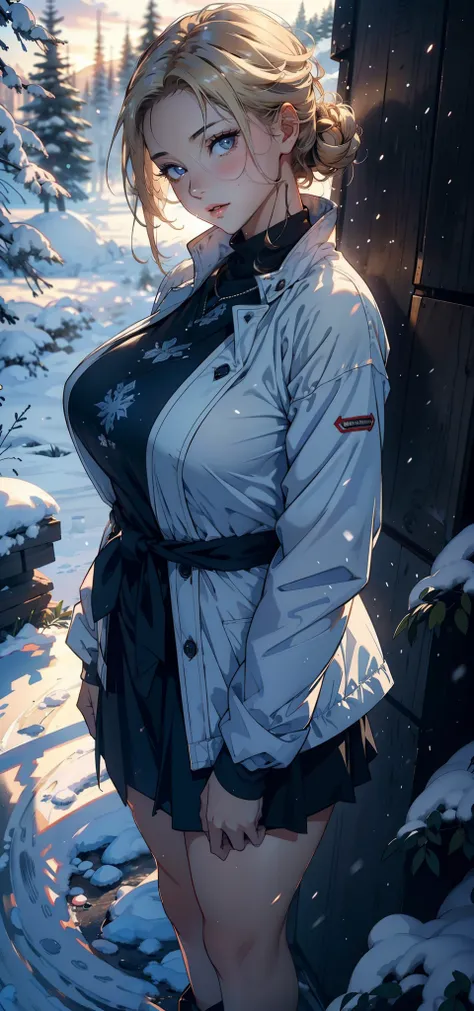 1female，36 years old，A MILF，Large breasts， 独奏，（Background with：coniferous forest，at winter season，Snow on the ground）  She has short blonde hair， standing on your feet，Sweat profusely，drenched all over the body，From the front side， curlies， mostly cloudy s...