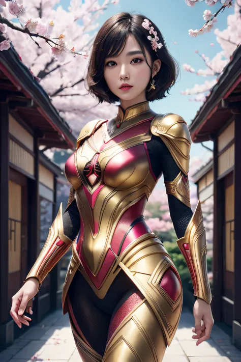 beautiful japanese young woman, wearing spiderwoman armor made of gold, thick symmetrical features, very short hair, background is cherry blossoms, pink aura, red lips, octane render,