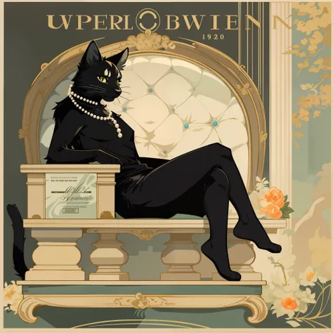 vector art, arafed black cat sitting on a pedestal with a pearl necklace, elegant cat, 1920s advert, 1960s advertisement, luxury advertisement, magazine advertisement, 1960s perfume bottle ads,