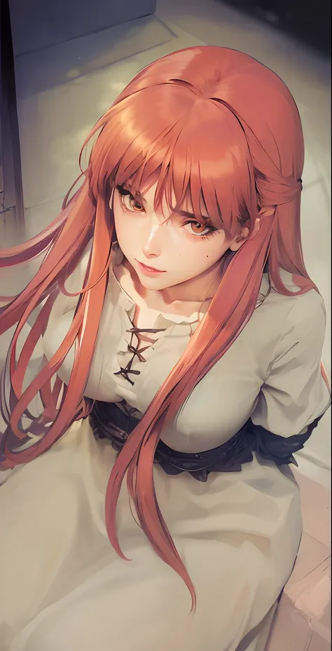 (best quality, masterpiece, highest detailed) realistic dark orange hair, detailed yellow eyes color, detailed pupils, colorful, bushy hair, beautiful eyes, bushy poni hair, wear slave clothes, long skirt, dirty clothes, hands tied behind her back, stomach...