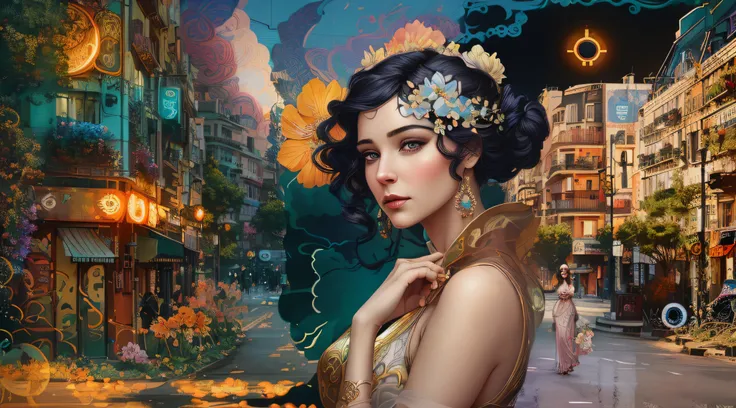 there is a woman that is standing in the street with a flower in her hair, a beautiful artwork illustration, stunning digital illustration, beautiful digital illustration, exquisite digital illustration, hyperrealistic art nouveau, in style of digital illu...