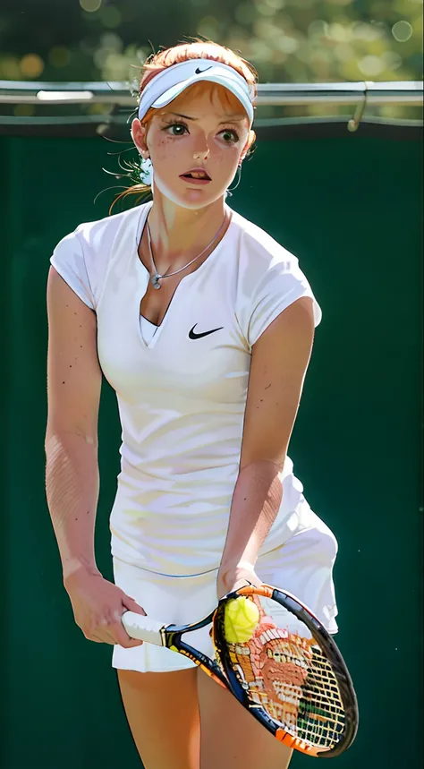 masterpiece, best quality, high resolution, ultra detailed face, nami (one piece), a female tennis player holding a racket and ball on a court, long hair, orange hair, white dress