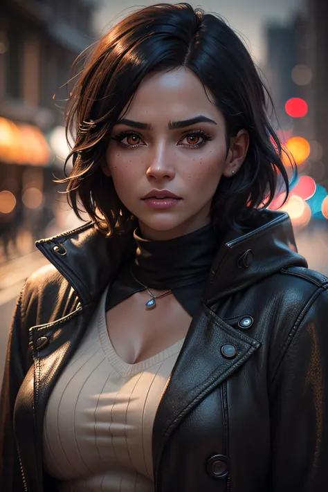 Influencer, short black hair, eye liner, jumper and long coat, busty, in a cosy street in Fall, orange leaves, very detailed lighting, 8k HD high definition detailed realistic, detailed, skin texture, hyper detailed, realistic skin texture, armor, best qua...