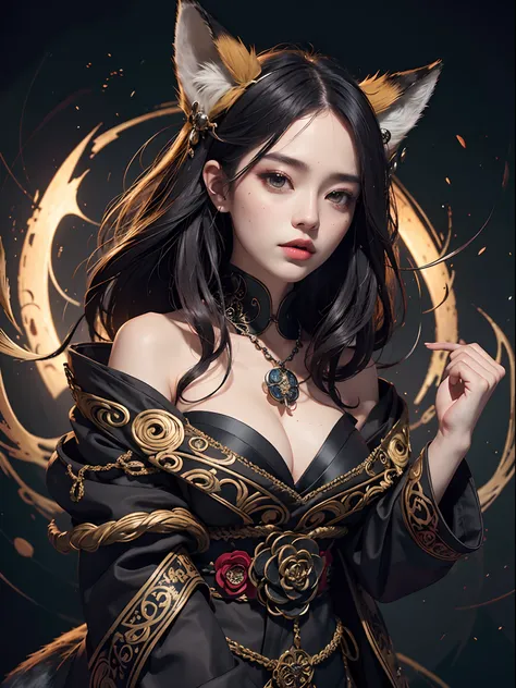 1girls, bara, official art, Unity 8k壁纸, ultra-detail, beautiful and beautiful, masterpiece, bestquality, photorealistic portrait, (abstract background:1.5) (Zentangle, Mandala, tangle, Entangle:0.7) Kitsune Witch, fox mask, Haori Jacket, Foxfire Spells, Fa...