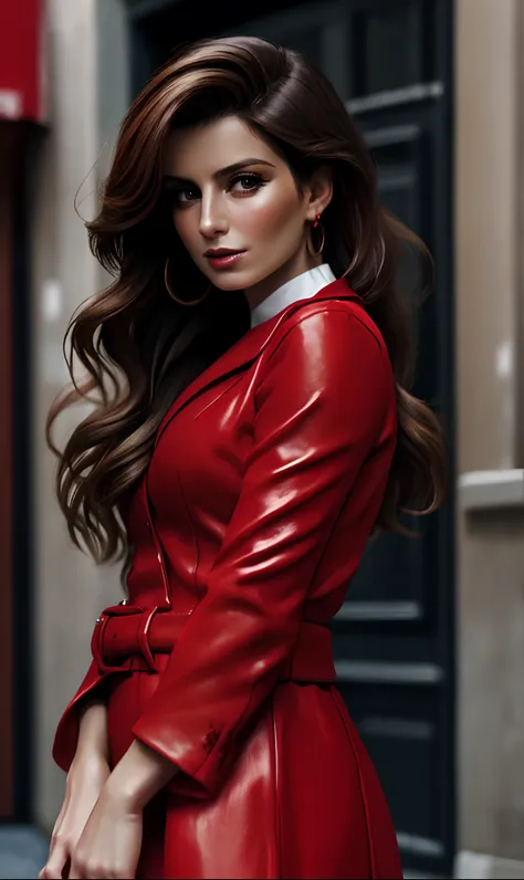 close up portrait of beautiful 35-years-old italian woman, wearing a red outfit, well-groomed model, candid street portrait in t...